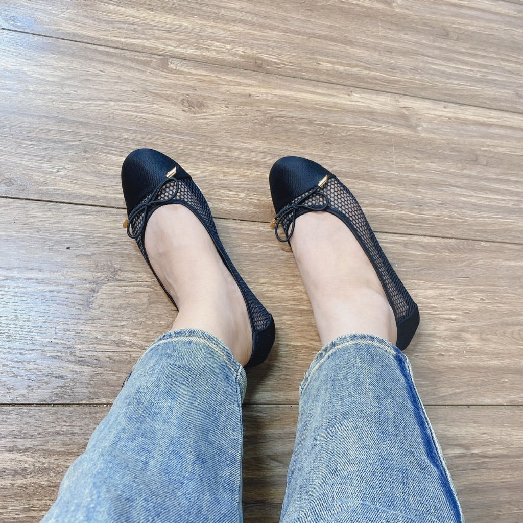 Giày búp bê nữ phối nơ chất vải lưới chấm bi êm chân