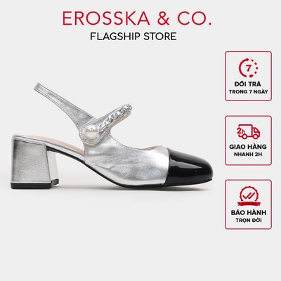 Erosska - Slingback thời trang mũi vá, quai ngang đính hạt ngọc cao 6cm màu bạc - EL041