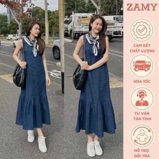 (Kèm khăn) Váy đầm nữ, váy denim sát nách dáng suông dài đuôi cá chất denim giấy mềm mát, from xinh xuất sắc