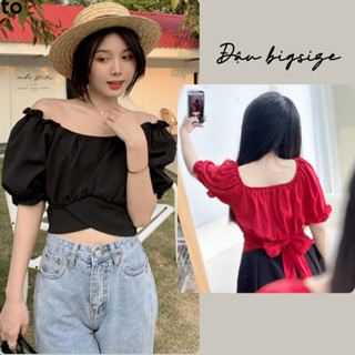 Áo kiểu bigsize nữ 50-95kg tay ngắn bo chun dáng croptop chất lụa mềm kèm dây thắt nơ sau lưng nữ tính AT9