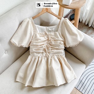 Áo kiểu nữ Twentyfive cổ vuông tay bồng, nhún ngực đính nơ AL06