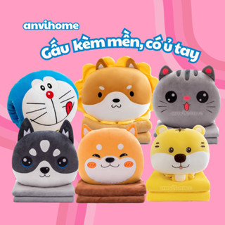 Gấu Bông Có Mền Gối mền văn phòng hình Chó Husky cún, heo, doremon, gấu trúc ANVIHOME