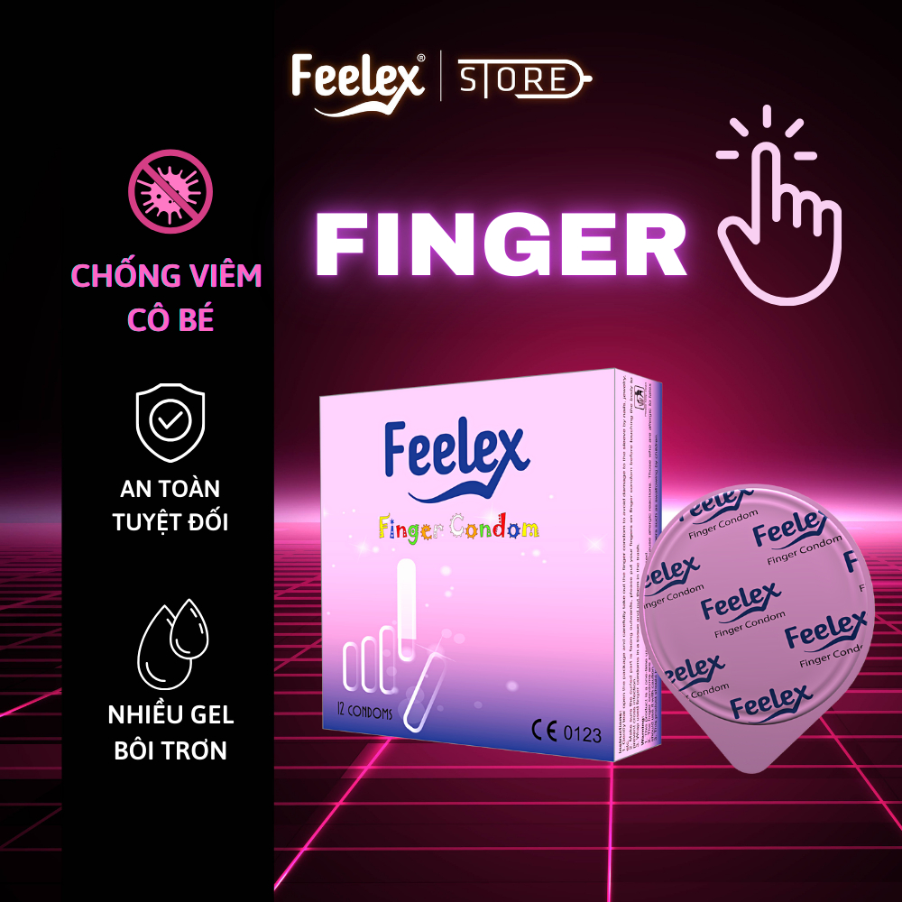 Bao cao su ngón tay Feelex Finger bảo vệ cô bé, nhiều gel bôi trơn, cao su thái lan hộp 12 chiếc