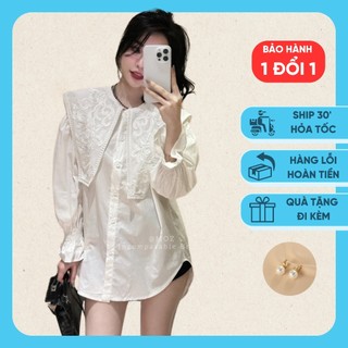 Áo sơmi cổ ren thêu to siêu sang