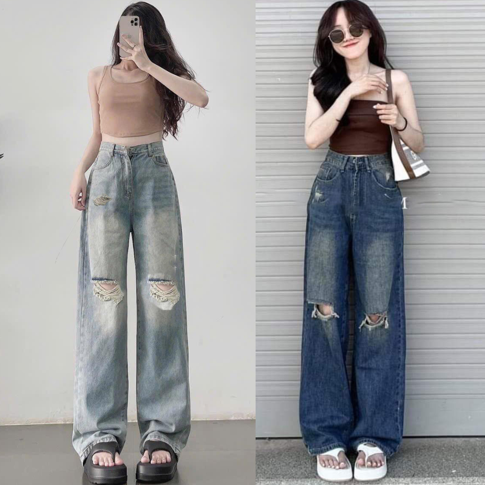 Quần Jean Bò Nữ Rách Gối  Wash MIAA Ống Rộng Chất Jean Rách Gối Nữ, Quần bò nữ ống rộng form suông  màu vintage