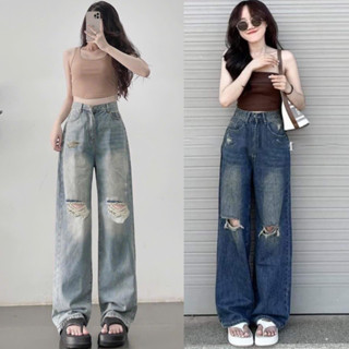 Quần Jean Bò Nữ Rách Gối  Wash MIAA Ống Rộng Chất Jean Rách Gối Nữ, Quần bò nữ ống rộng form suông  màu vintage