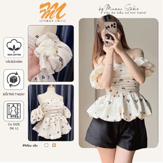 [Hà Nội-Sẵn Hàng] Áo trễ vai tay ngắn Minmax House tay bồng hoa nhí 2 lớp chất đũi xốp mềm phong cách hàn quốc đáng yêu