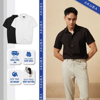 Áo sơ mi nam tay ngắn AKUBA form slimfit, chất vải cotton mềm mịn, co giãn tốt, thấm hút mồ hôi hiệu quả | 02AP0879