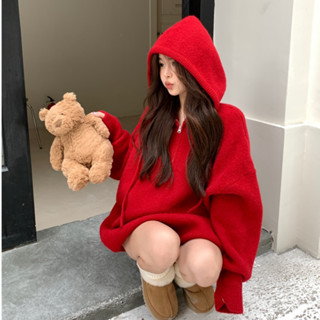 Áo hoodie nữ thiết kế màu đỏ dày ấm, hoodie nữ khóa cổ dáng dài hàng thiết kế Quảng Châu 80713
