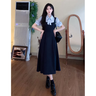 Đầm váy xanh đen phối cổ sọc xanh giả set tay ngắn công sở