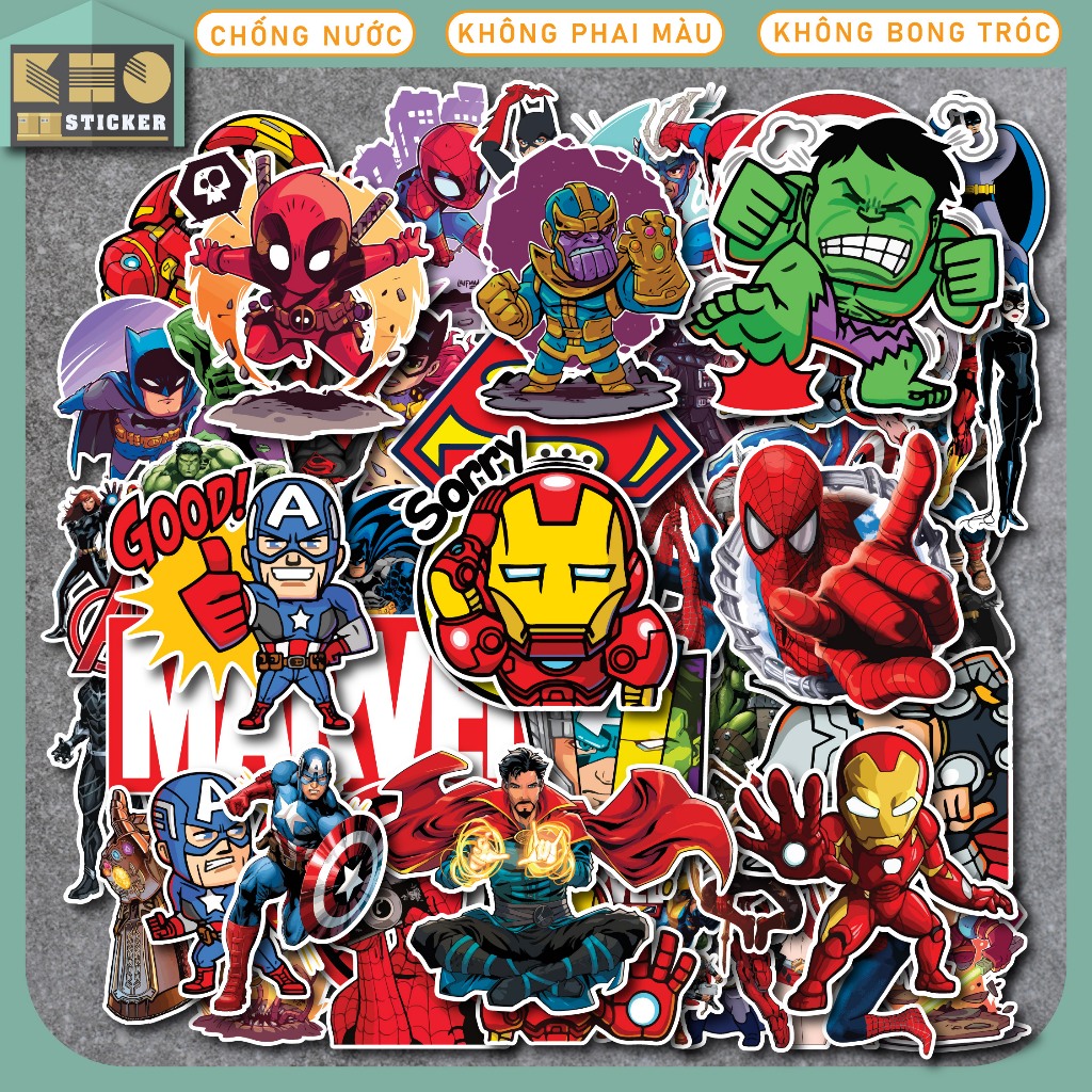 50 Sticker Comic Marvel DC chống nước dán mũ bảo hiểm, điện thoại, laptop, đàn guitar, vali. ST123