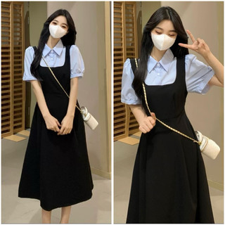Đầm midi đen phối xanh biển vnxk phong cách hàn quốc, váy công sở