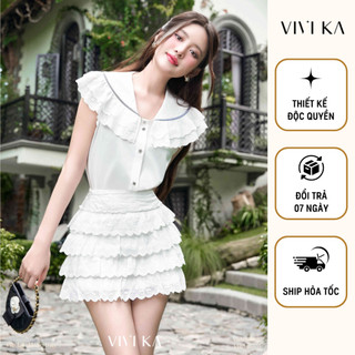 Vivi ka - áo cổ bèo sát nách + chân váy ren lỗ xếp tầng - vkao00520 vkcv00333
