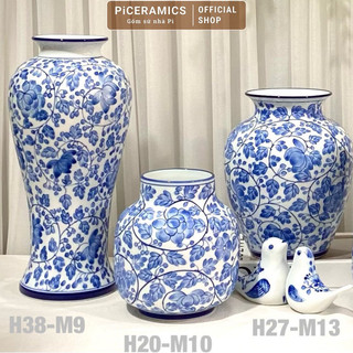 Bình hoa gốm men lam cao cấp, gốm sứ Bát Tràng, hoạ tiết vẽ hoa dây kín bình hh