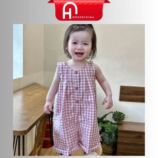 Bộ jum kẻ caro hồng tai thỏ dài siêu cute chất thô mềm mát cho bé - HNOrderChina