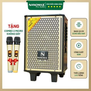 Loa kéo karaoke nanomax s-8c, bass 20cm, công suất 50w kèm 2 mic cầm tay không dây