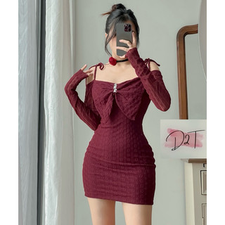 Đầm Body Tay Dài Trễ Vai Nơ Đính Đá Cao Cấp Ôm Body Sexy Gợi Cảm Lace Dress