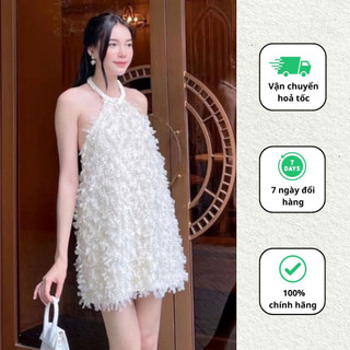 Váy đi tiệc thiết kế phong cách tiểu thư đầm cổ yếm hở lưng lông vũ sang chảnh Minaca Clothing V287