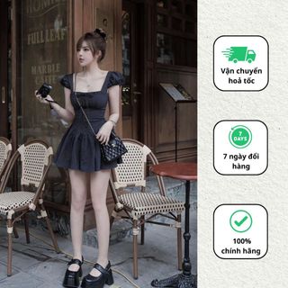 Váy kẻ xanh nơ cổ vuông tay bồng đi chơi đi tiệc đầm xoè thiết kế sang chảnh Minaca Clothing V288