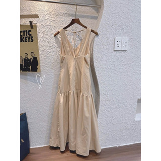 [Mya house] Đầm maxi linen nâu tây phối nút