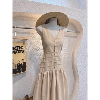 [Mya house] Đầm maxi linen nâu tây phối nút