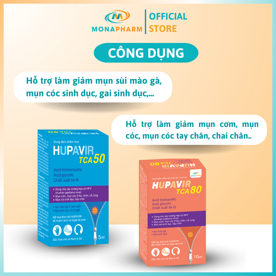 Combo bộ 3 chấm sùi mào gà TCA 80 Hupavir kèm súc họng và dung dịch vệ sinh Hupavir giảm sùi mào gà