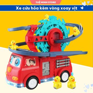 Xe cứu hỏa vịt vàng kèm cầu trượt có đèn và nhạc sôi động cho bé, đồ chơi thú vị bé trai bé gái