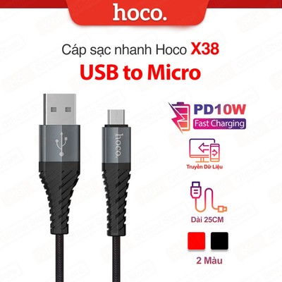 Cáp sạc Hoco PD10W USB to Micro Hoco X38 hỗ trợ truyền dữ liệu ,siêu bền cho Android/Samsung, dây dù dài 25CM
