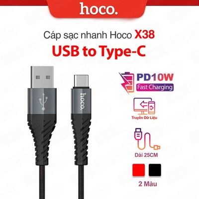 Cáp sạc PD10W USB to Type-C Hoco X38 dùng cho Android ,truyền dữ liệu dây dù dài 25CM siêu bền