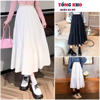 Chân váy dài maxi dáng suông cạp chun form rộng 3 tầng xòe cho nữ chất thô lụa mát 2 lớp mùa hè - TONGKHO