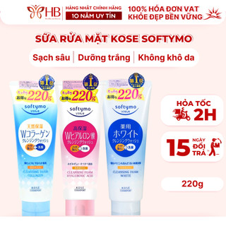 Sữa rửa mặt Kose Softymo, nội địa Nhật, Collagen White Hyaluronic 220g, phù hợp mọi loại da