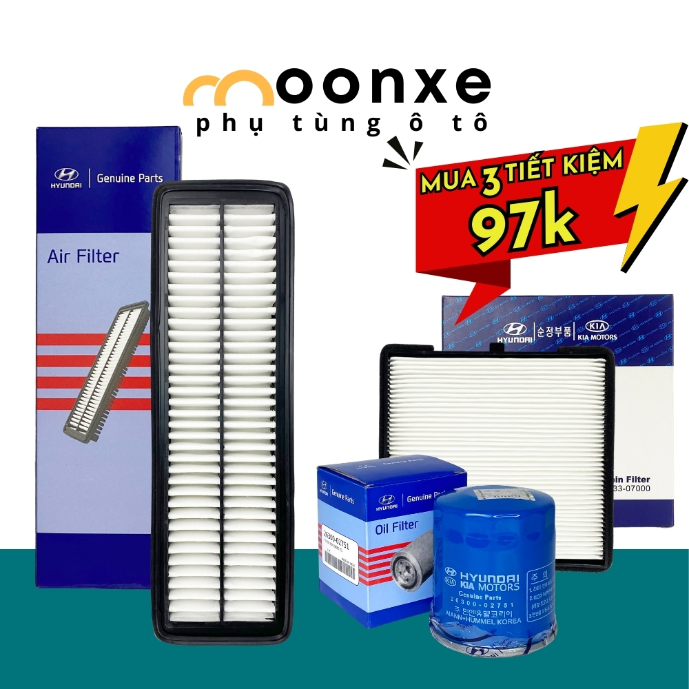 Combo I10, 3 loại lọc Hyundai I10 (14-21): Lọc gió động cơ 28113-B4000 + Lọc điều hòa 97133-07000 + Lọc nhớt 26300-02751
