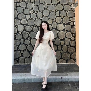 LORIS - Olivia Dress, Đầm tay phồng thêu hoa dáng dài xinh xắn