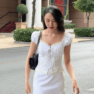 Áo babydoll kiểu nữ phối ren cổ hở vai vải Linen tưng cao cấp MA306