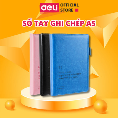 Sổ Tay Ghi Chép A5 Bìa Da DELI - Màu Đen/Hồng/Xanh, 300 trang, 80/100gsm, Chống Nước Cho Học Sinh