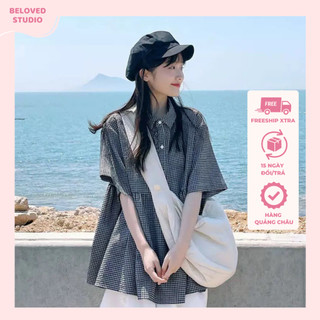 Áo babydoll tay ngắn caro đen cổ sơ mi phong cách năng động dễ thương, áo kiểu rộng kèm cúc nữ tính Hàn Quốc