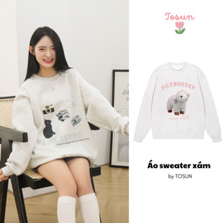 Áo sweater nỉ bông form rộng unisex xám tiêu nhiều hình dễ thương TOSUN S01