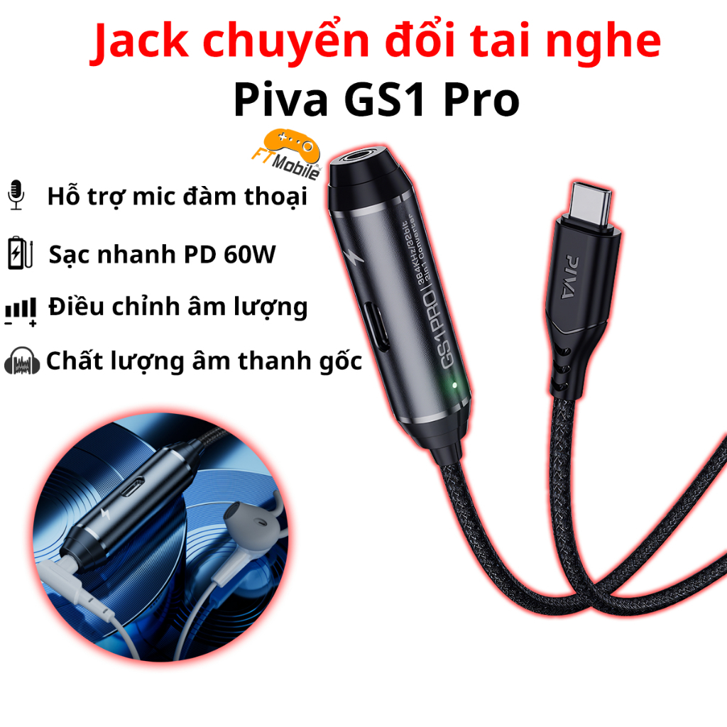 Jack chuyển đổi TypeC 2 in 1 Piva GS1 Pro Cổng chuyển đổi Type-C to 3.5mm hỗ trợ sạc nhanh PD 60W có