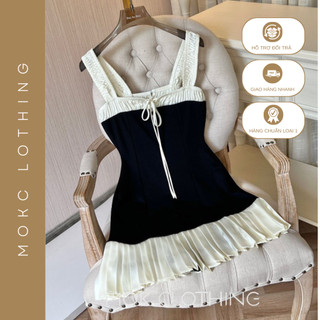 Váy 2 dây bản to ôm body dáng ngắn phối nơ, đuôi xếp ly