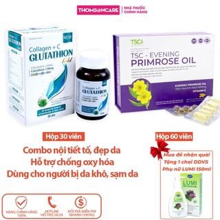 Combo cân bằng nội tiết tố, bổ sung collagen Glutathion Gold 30v và Evening TSC 60v hoa anh thảo, đẹp da - Thomsoncare