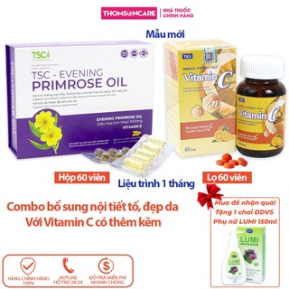 Viên uống hoa anh thảo Evening Tsc 60v và Vitamin C Tsc 60v  - Combo nội tiết tố, giảm lão hóa, sáng da - Thomsoncare