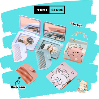 Gương mini cầm tay kèm lược gấp gọn cute bỏ túi tiện lợi, Gương vuông kèm lược CUTE