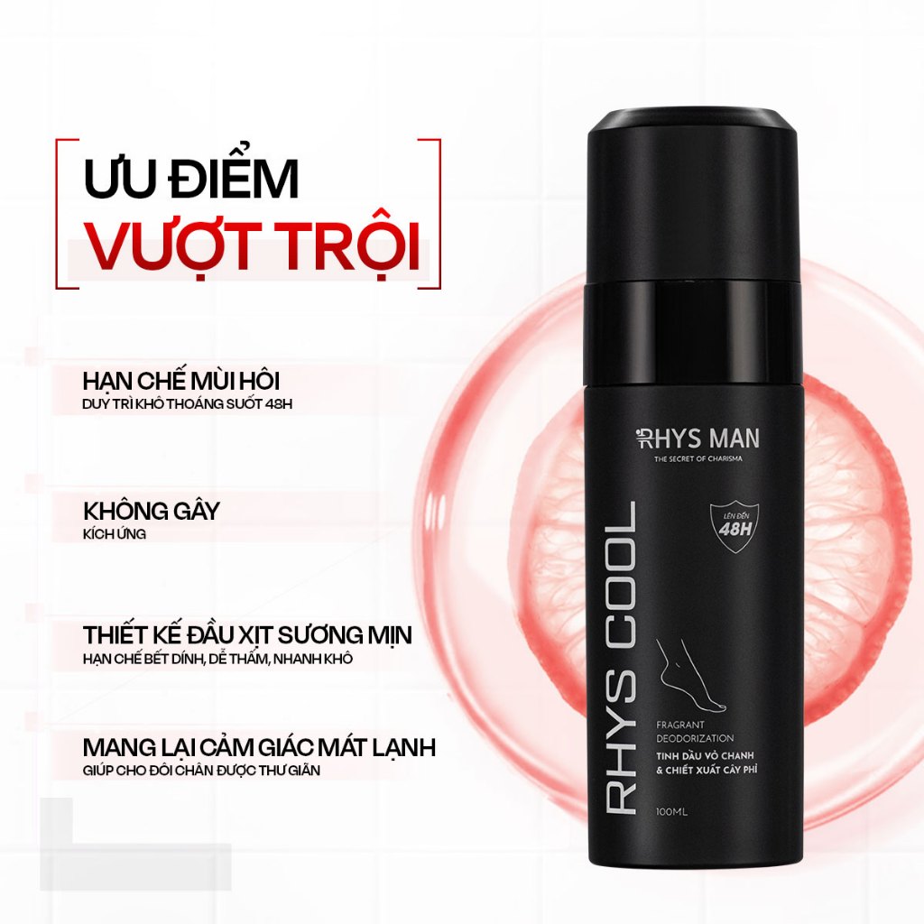 Xịt khử mùi chân 48h RHYS MAN tinh dầu vỏ chanh kiểm soát mùi và ngăn mồ hôi chân Rhys Cool 100ml