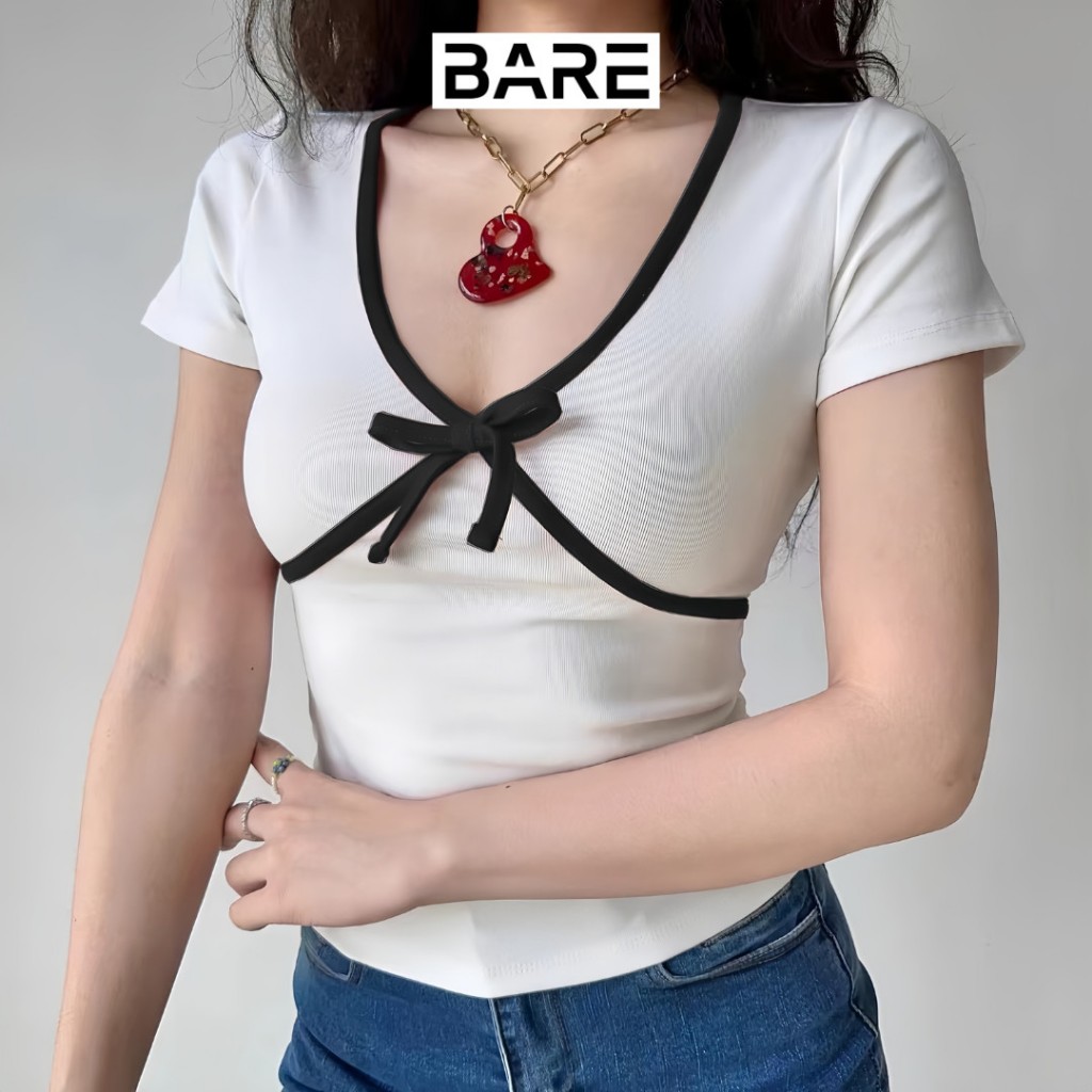 BARE_Áo thun ôm nữ tay ngắn phối viền tương phản form ôm vừa phải thường ngày cho nữ- A344