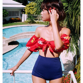 (sẵn-ảnh thật) Đồ bơi, Bikini 2 mảnh, quần cạp cao che bụng áo hoa Style Hàn quốc #K810