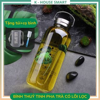 Bình nước thuỷ tinh cao cấp pha trà chịu nhiệt độ cao có lõi lọc, vạch đo thời gian tặng túi và cọ bình