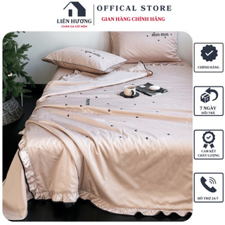 Bộ chăn ga gối phi lụa viền ren chăn trần sét 4 món, Chất liệu phi lụa thoáng mát với họa tiết thêu tinh tế, sang trọng