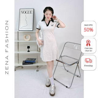 Váy cotton xòe thêu nơ cổ đức V thêu nơ tay màu siêu xinh ZENA 30005