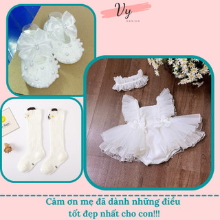 Đồ Sơ Sinh Bé Gái Đầy Tháng VY DESIGN. Bodysuit Cho Bé Gái Mùa Hè Màu Trắng, Váy Sơ Sinh, Đầm Đầy Tháng