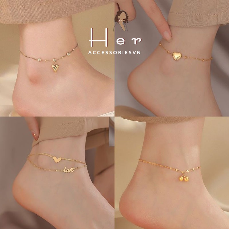 [KHÔNG ĐEN GỈ] Lắc chân vòng chân nữ TITAN KHÔNG GỈ mạ vàng chuông bi tròn trái tim Her Accessories
